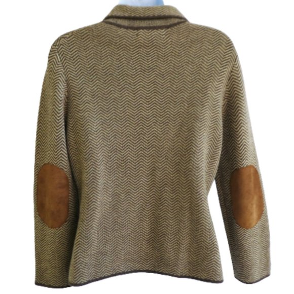 Vintage Merino Chevron Knit Sweater Blazer Brown Beige Knit Buttons Suede Patch - Picture 4 of 7